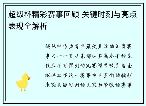超级杯精彩赛事回顾 关键时刻与亮点表现全解析 超级杯精彩赛事回顾 关键时刻与亮点表现全解析