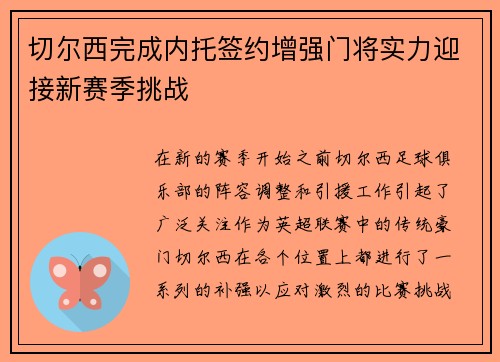 切尔西完成内托签约增强门将实力迎接新赛季挑战