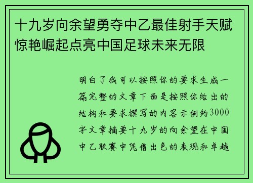 十九岁向余望勇夺中乙最佳射手天赋惊艳崛起点亮中国足球未来无限