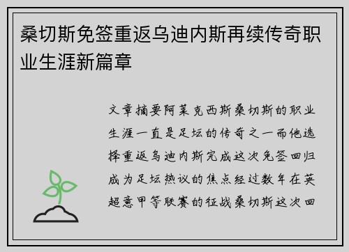 桑切斯免签重返乌迪内斯再续传奇职业生涯新篇章